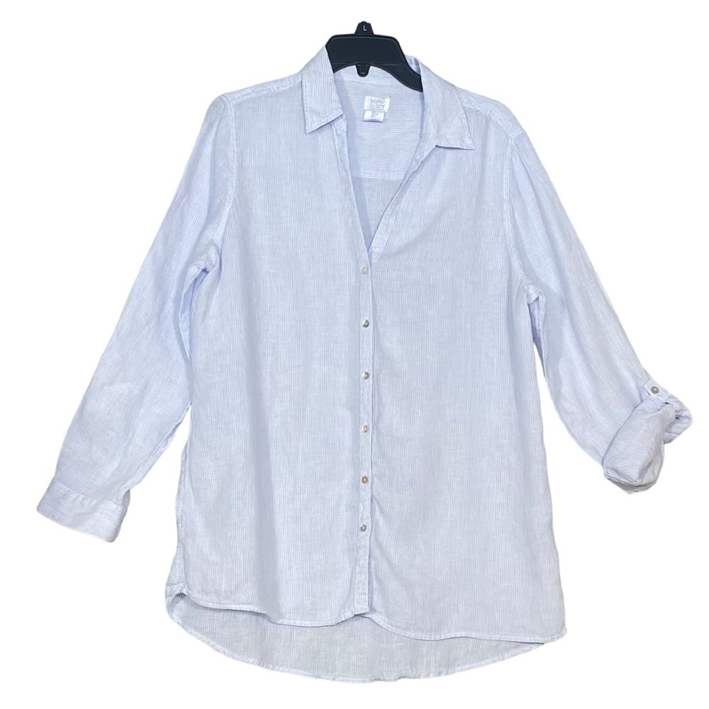 Sigrid Olsen Button-up Top 100% Linen Blouse Size L Stripes